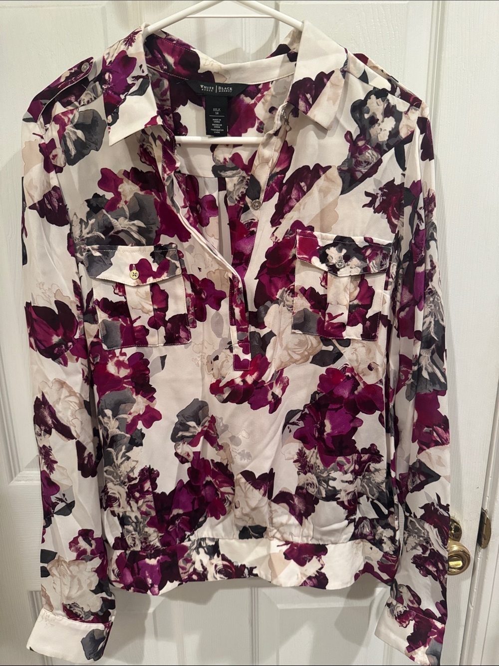 White House Black Market Cream Blouse with Plum and Gray Floral Print
